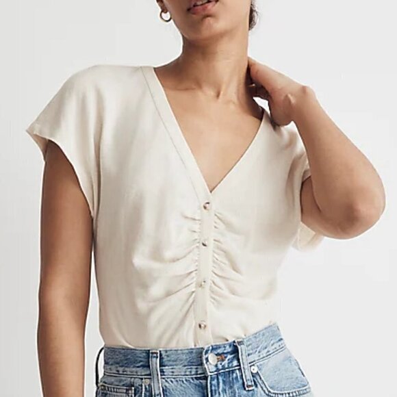Madewell Linen Blend Ruched Button Front V-Neck Top Cream Size XS NWT - Picture 1 of 8